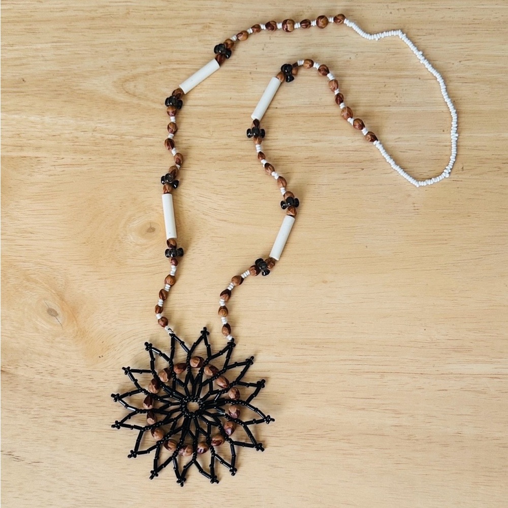 Vintage Juniper & Seed Bead Sun Medallion Necklace Boho Statement 30”L